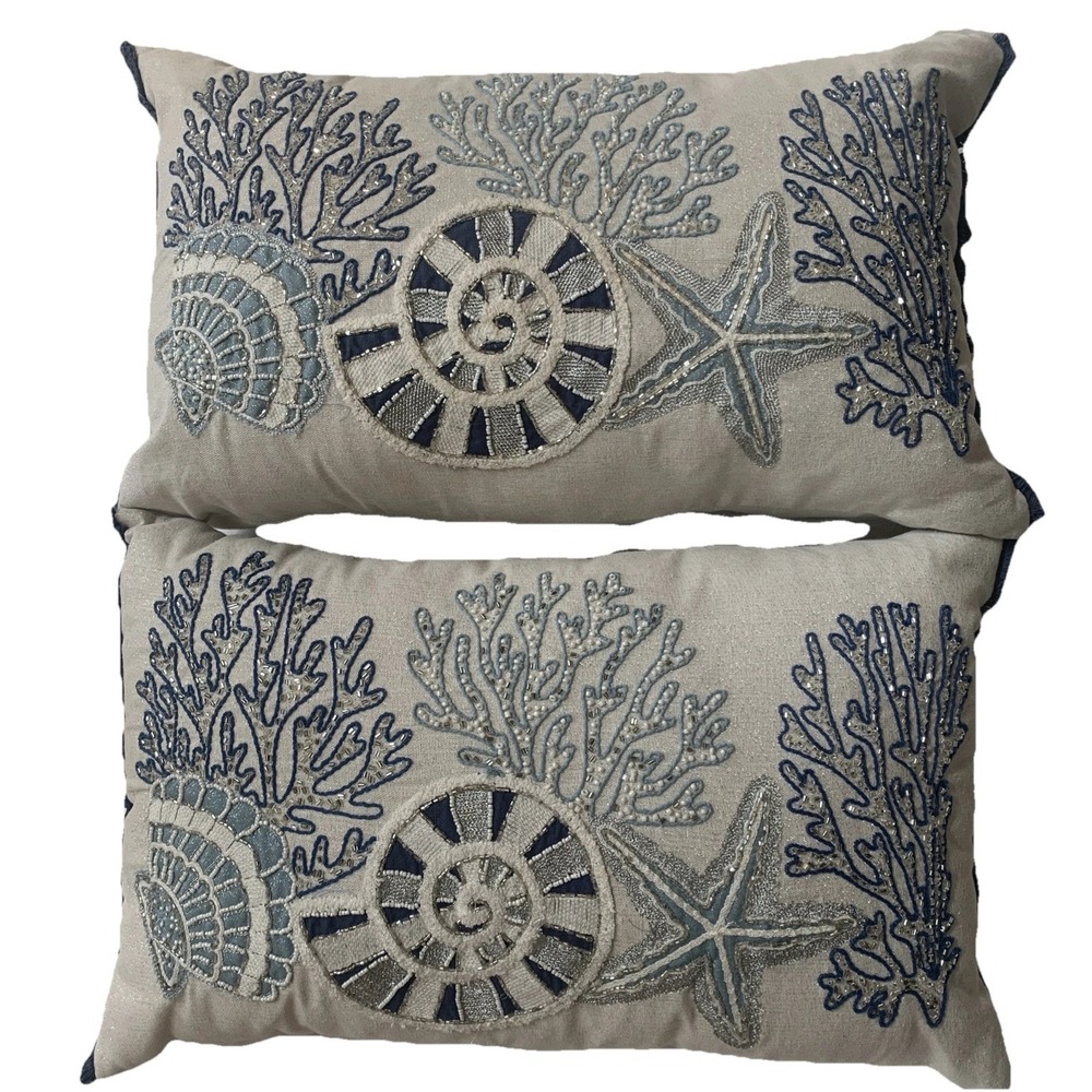 Coastal Collection Nautical Beach Beaded Embroidered Pillow 14x22 Starfish,Shell